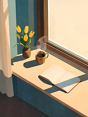 PSD 꽃 화분 여유 커피 일러스트 탁자 휴식 그림자 사람없음 책 햇빛 튤립 커튼 편안함 창가 베이지색 국내일러스트 식물 감정 음료 컬러 가구 컨셉 창문 태양 감각 파일형식