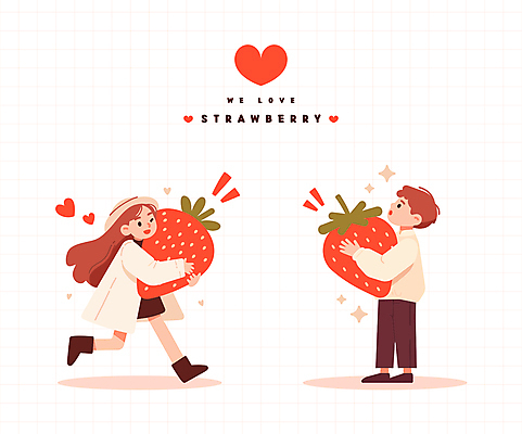 전신 모자 여자 남자 어린이 일러스트 딸기 미소 들기 소녀 소년 두명 빨간색 반짝임 달리기 하트 어린이만 일러캐릭터 AI파일 모양 캐릭터 잡화 컬러 과일 모션 표정 사람 파일형식 벡터