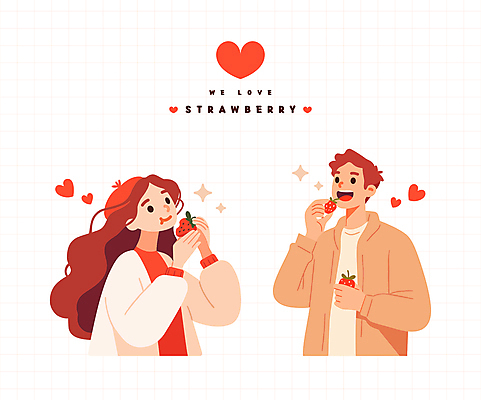 여자 남자 일러스트 딸기 미소 들기 상반신 성인 두명 빨간색 반짝임 하트 먹기 성인만 일러캐릭터 AI파일 모양 캐릭터 컬러 과일 모션 표정 사람 파일형식 벡터