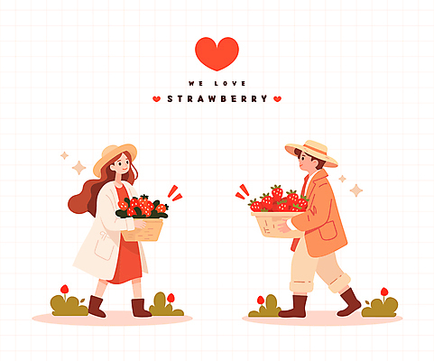 전신 식물 여자 남자 일러스트 딸기 미소 들기 성인 두명 빨간색 반짝임 바구니 걷기 하트 성인만 일러캐릭터 AI파일 모양 캐릭터 컬러 과일 모션 표정 사람 파일형식 벡터
