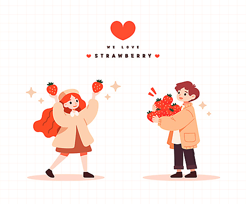 전신 여자 남자 어린이 일러스트 딸기 미소 들기 소녀 소년 두명 빨간색 반짝임 걷기 하트 어린이만 일러캐릭터 AI파일 모양 캐릭터 컬러 과일 모션 표정 사람 파일형식 벡터