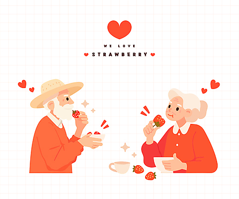 그릇 여자 할아버지 노년 남자 할머니 일러스트 딸기 미소 들기 두명 컵 빨간색 반짝임 하트 먹기 노인만 일러캐릭터 AI파일 모양 캐릭터 식기 컬러 과일 모션 표정 사람 성인 성인만 파일형식 벡터