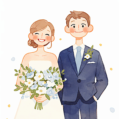 JPG 여자 남자 신부 부케 웨딩드레스 신랑 일러스트 결혼식 수채화 미소 들기 턱시도 상반신 성인 두명 주머니손 성인만 일러캐릭터 AI일러스트 AI콘텐츠 캐릭터 드레스 꽃다발 결혼 모션 표정 사람 정장 파일형식