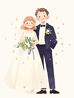 JPG 전신 여자 남자 신부 부케 웨딩드레스 신랑 일러스트 결혼식 수채화 미소 들기 턱시도 성인 두명 주머니손 꽃가루 성인만 일러캐릭터 AI일러스트 AI콘텐츠 캐릭터 드레스 꽃다발 결혼 모션 표정 사람 정장 가루 파일형식