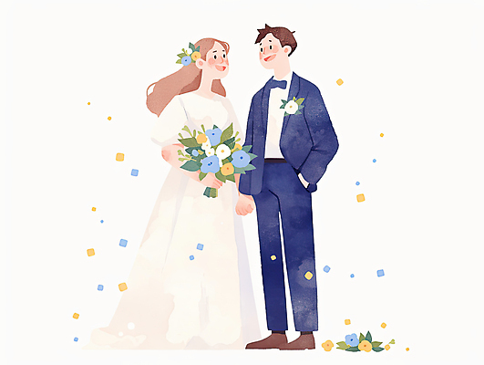 JPG 전신 여자 남자 신부 부케 웨딩드레스 신랑 일러스트 결혼식 수채화 미소 들기 턱시도 성인 두명 손잡기 주머니손 성인만 일러캐릭터 AI일러스트 AI콘텐츠 캐릭터 드레스 꽃다발 결혼 모션 표정 사람 정장 파일형식