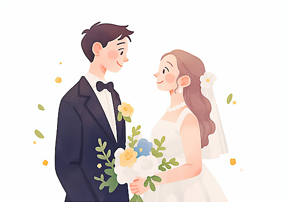 JPG 여자 남자 신부 부케 웨딩드레스 신랑 일러스트 결혼식 수채화 미소 들기 턱시도 상반신 성인 두명 마주보기 성인만 일러캐릭터 AI일러스트 AI콘텐츠 캐릭터 드레스 꽃다발 결혼 모션 표정 사람 정장 파일형식