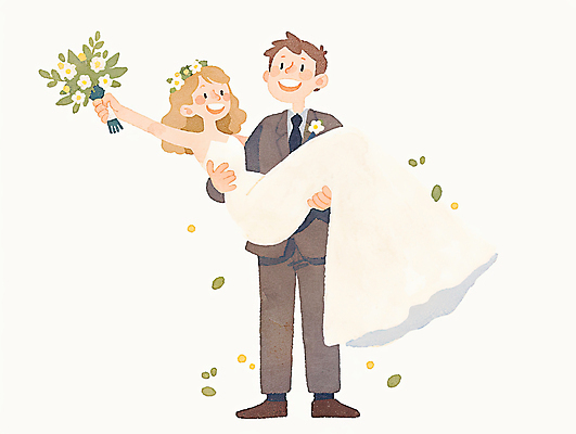 JPG 전신 여자 남자 신부 부케 웨딩드레스 신랑 일러스트 안기 결혼식 수채화 미소 들기 턱시도 성인 두명 손들기 성인만 일러캐릭터 AI일러스트 AI콘텐츠 캐릭터 드레스 꽃다발 결혼 모션 표정 사람 정장 파일형식