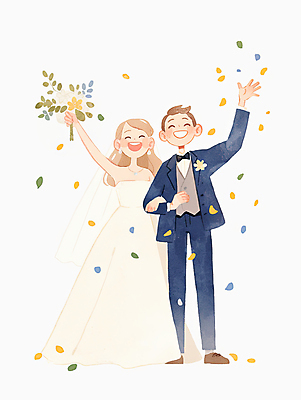 JPG 여자 남자 신부 부케 웨딩드레스 신랑 일러스트 결혼식 수채화 미소 들기 턱시도 성인 두명 손들기 팔짱 인사 꽃가루 성인만 일러캐릭터 AI일러스트 AI콘텐츠 캐릭터 드레스 꽃다발 결혼 모션 표정 사람 정장 예절 가루 파일형식