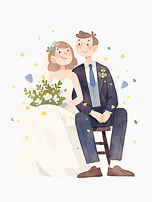 JPG 여자 남자 신부 부케 웨딩드레스 신랑 일러스트 결혼식 수채화 미소 앉기 턱시도 성인 두명 꽃가루 손모으기 성인만 일러캐릭터 AI일러스트 AI콘텐츠 캐릭터 드레스 꽃다발 결혼 모션 표정 사람 정장 손짓 가루 파일형식