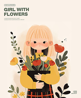 PSD 여자 꽃 화분 어린이 일러스트 한명 들기 소녀 소녀한명만 국내일러스트 식물 1 모션 사람 여자한명만 소녀만 파일형식