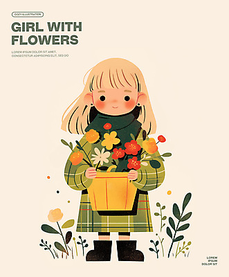 전신 PSD 여자 꽃 어린이 일러스트 한명 미소 들기 소녀 바구니 목도리 소녀한명만 국내일러스트 식물 1 잡화 모션 표정 사람 여자한명만 소녀만 파일형식