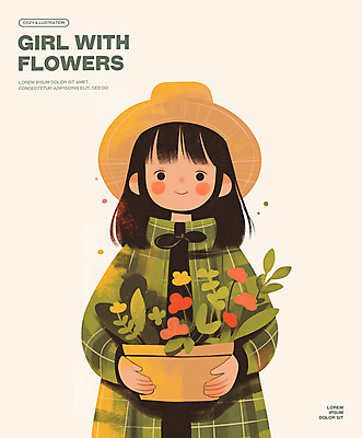PSD 모자 여자 꽃 화분 어린이 일러스트 한명 미소 들기 소녀 소녀한명만 국내일러스트 식물 1 잡화 모션 표정 사람 여자한명만 소녀만 파일형식