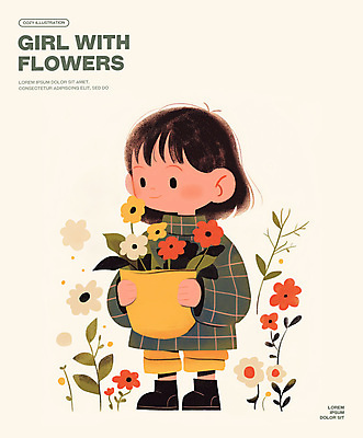 전신 PSD 여자 꽃 화분 어린이 일러스트 한명 미소 들기 소녀 소녀한명만 국내일러스트 식물 1 모션 표정 사람 여자한명만 소녀만 파일형식