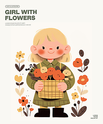 전신 PSD 여자 꽃 어린이 일러스트 한명 미소 들기 소녀 바구니 소녀한명만 국내일러스트 식물 1 모션 표정 사람 여자한명만 소녀만 파일형식