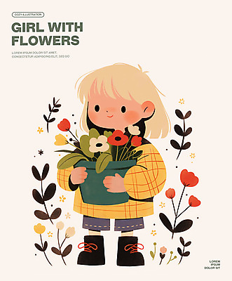 전신 PSD 여자 꽃 화분 어린이 일러스트 한명 미소 들기 소녀 소녀한명만 국내일러스트 식물 1 모션 표정 사람 여자한명만 소녀만 파일형식