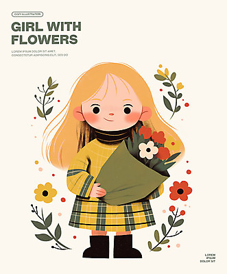 전신 PSD 여자 어린이 꽃다발 일러스트 한명 미소 들기 소녀 소녀한명만 국내일러스트 1 꽃 모션 표정 사람 여자한명만 소녀만 파일형식