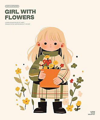 전신 PSD 여자 꽃 화분 어린이 일러스트 한명 미소 들기 소녀 소녀한명만 국내일러스트 식물 1 모션 표정 사람 여자한명만 소녀만 파일형식