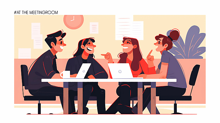 JPG 식물 여자 남자 의자 일러스트 회의 협력 아이디어 미소 앉기 여러명 성인 컵 노트북 책상 성인만 국내일러스트 AI일러스트 AI콘텐츠 식기 가구 다수 컨셉 비즈니스 모션 표정 사람 전자제품 파일형식