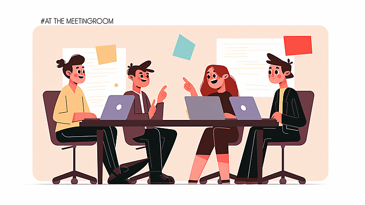 JPG 식물 여자 남자 화분 의자 일러스트 회의 협력 아이디어 미소 앉기 여러명 성인 노트북 가리킴 책상 성인만 국내일러스트 AI일러스트 AI콘텐츠 가구 다수 컨셉 비즈니스 모션 표정 사람 손짓 전자제품 파일형식