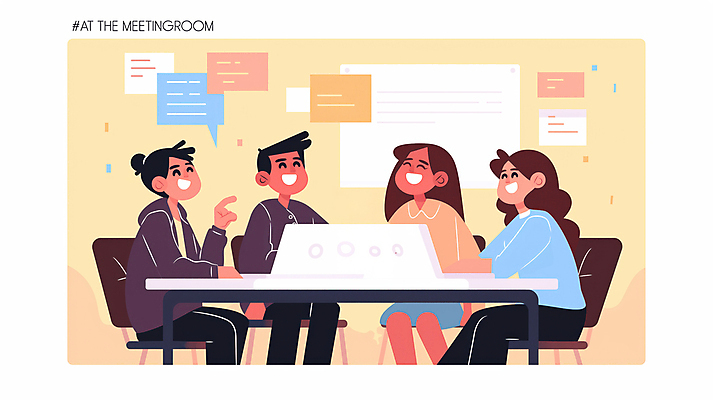 JPG 식물 여자 남자 화분 말풍선 의자 일러스트 회의 협력 아이디어 미소 앉기 여러명 성인 노트북 가리킴 책상 성인만 국내일러스트 AI일러스트 AI콘텐츠 가구 다수 컨셉 비즈니스 모션 표정 사람 손짓 전자제품 파일형식