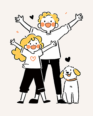 전신 여자 남자 행복 반려견 어린이 일러스트 남매 미소 소녀 소년 두명 만세 어린이만 국내일러스트 AI파일 감정 가족 모션 표정 사람 반려동물 개 파일형식 벡터