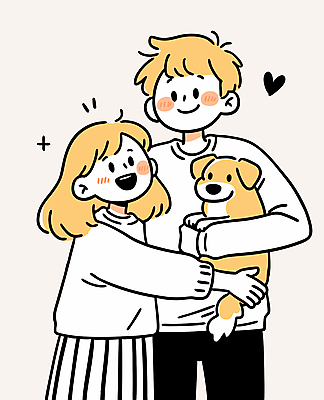 여자 남자 행복 반려견 어린이 일러스트 포옹 미소 소녀 성인 두명 하트 부녀 국내일러스트 AI파일 모양 딸 감정 가족 안기 표정 사람 반려동물 아빠 개 파일형식 벡터