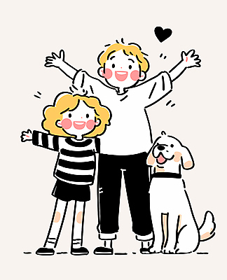 전신 여자 남자 행복 반려견 어린이 일러스트 가족 남매 미소 소녀 소년 두명 만세 하트 어린이만 국내일러스트 AI파일 모양 감정 관계 모션 표정 사람 반려동물 개 파일형식 벡터