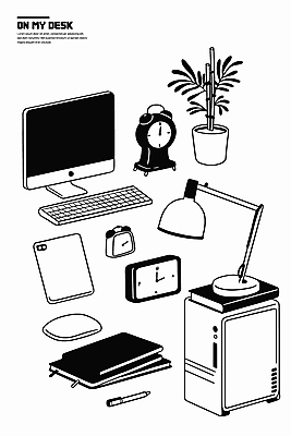 식물 화분 일러스트 조명 사람없음 컴퓨터 태블릿 펜 검은색 공책 키보드 오브젝트 탁상시계 국내일러스트 AI파일 시계 컬러 문구용품 전자제품 스마트기기 필기구 파일형식 벡터