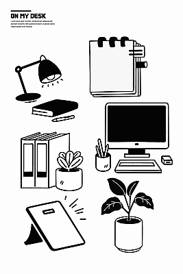 식물 화분 일러스트 조명 사람없음 컴퓨터 펜 검은색 공책 오브젝트 파일 국내일러스트 AI파일 컬러 문구용품 전자제품 필기구 파일형식 벡터