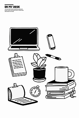 식물 화분 시계 일러스트 사람없음 책 컵 노트북 펜 검은색 공책 오브젝트 국내일러스트 AI파일 식기 컬러 문구용품 전자제품 필기구 파일형식 벡터