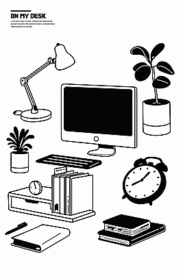 식물 화분 일러스트 조명 사람없음 컴퓨터 검은색 공책 자명종 키보드 오브젝트 파일 국내일러스트 AI파일 시계 컬러 문구용품 전자제품 알람 파일형식 벡터