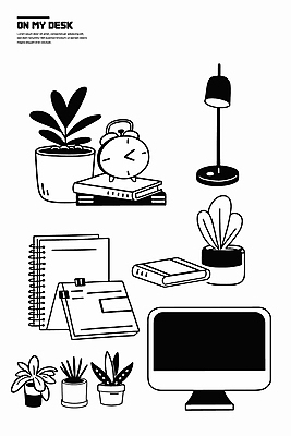 식물 화분 시계 일러스트 조명 사람없음 책 컴퓨터 검은색 공책 오브젝트 국내일러스트 AI파일 컬러 문구용품 전자제품 파일형식 벡터