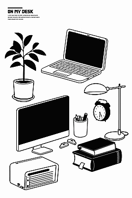 식물 화분 시계 일러스트 조명 사람없음 책 노트북 컴퓨터 필기구 검은색 오브젝트 클립 국내일러스트 AI파일 컬러 문구용품 전자제품 파일형식 벡터
