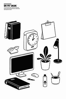 식물 화분 시계 일러스트 조명 사람없음 책 컴퓨터 필기구 검은색 마우스 오브젝트 국내일러스트 AI파일 컬러 문구용품 전자제품 컴퓨터용품 파일형식 벡터