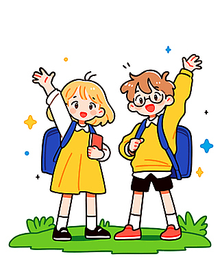 전신 여자 남자 어린이 일러스트 책가방 웃음 들기 소녀 소년 잔디 두명 책 친구 반짝임 손들기 인사 어린이만 안경낌 국내일러스트 AI파일 식물 안경 가방 관계 모션 표정 사람 예절 파일형식 벡터