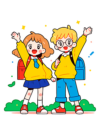 전신 여자 남자 어린이 일러스트 책가방 웃음 소녀 소년 잔디 두명 친구 반짝임 손들기 인사 잡기 어린이만 안경낌 국내일러스트 AI파일 식물 안경 가방 관계 모션 표정 사람 예절 파일형식 벡터