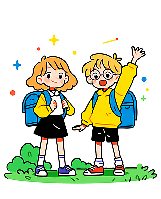 전신 여자 남자 어린이 일러스트 책가방 웃음 소녀 소년 잔디 두명 친구 반짝임 손들기 인사 잡기 어린이만 안경낌 국내일러스트 AI파일 식물 안경 가방 관계 모션 표정 사람 예절 파일형식 벡터