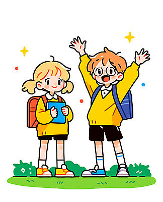 전신 여자 남자 어린이 일러스트 책가방 웃음 들기 소녀 소년 잔디 두명 책 친구 만세 어린이만 국내일러스트 AI파일 식물 가방 관계 모션 표정 사람 파일형식 벡터