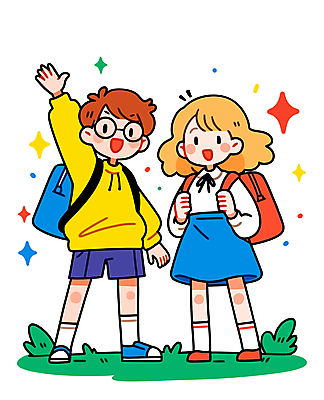 전신 여자 남자 어린이 일러스트 책가방 웃음 소녀 소년 잔디 두명 친구 반짝임 손들기 인사 잡기 어린이만 안경낌 국내일러스트 AI파일 식물 안경 가방 관계 모션 표정 사람 예절 파일형식 벡터