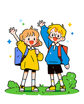 전신 여자 남자 어린이 일러스트 책가방 웃음 소녀 소년 잔디 두명 친구 반짝임 손들기 인사 어린이만 안경낌 국내일러스트 AI파일 식물 안경 가방 관계 모션 표정 사람 예절 파일형식 벡터