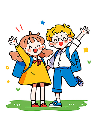 전신 여자 남자 어린이 일러스트 책가방 웃음 소녀 소년 잔디 두명 친구 손들기 기쁨 인사 다리들기 어린이만 안경낌 국내일러스트 AI파일 식물 감정 안경 가방 관계 모션 표정 사람 예절 파일형식 벡터