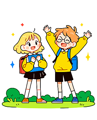 전신 여자 남자 어린이 일러스트 책가방 웃음 들기 소녀 소년 잔디 두명 책 친구 만세 어린이만 안경낌 국내일러스트 AI파일 식물 안경 가방 관계 모션 표정 사람 파일형식 벡터
