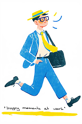 JPG 전신 모자 남자 가방 일러스트 한명 미소 성인 달리기 노란색 주머니손 성인남자한명만 안경낌 국내일러스트 AI일러스트 AI콘텐츠 1 잡화 안경 컬러 모션 표정 사람 남자한명만 성인남자만 파일형식