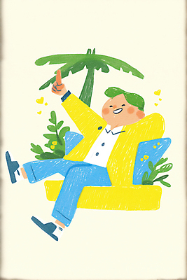 JPG 전신 남자 잎 일러스트 한명 미소 앉기 성인 야자수 노란색 가리킴 성인남자한명만 국내일러스트 AI일러스트 AI콘텐츠 나무 식물 1 컬러 모션 표정 사람 손짓 남자한명만 성인남자만 파일형식