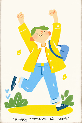 JPG 전신 남자 일러스트 한명 미소 성인 노란색 만세 다리들기 성인남자한명만 국내일러스트 AI일러스트 AI콘텐츠 1 컬러 모션 표정 사람 남자한명만 성인남자만 파일형식