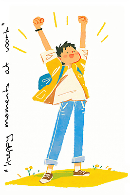 JPG 전신 남자 일러스트 책가방 한명 미소 성인 노란색 만세 성인남자한명만 국내일러스트 AI일러스트 AI콘텐츠 1 컬러 가방 모션 표정 사람 남자한명만 성인남자만 파일형식