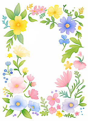 JPG 잎 일러스트 봄꽃 수채화 사람없음 컬러풀 꽃프레임 카피스페이스 국내일러스트 AI일러스트 AI콘텐츠 식물 꽃 컬러 프레임 봄 공백 파일형식