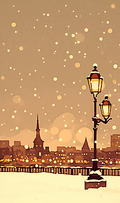 JPG 설경 가로등 일러스트 하늘 사람없음 건물 빛 노을 도시 베이지색 쌓인눈 눈내림 국내일러스트 AI일러스트 AI콘텐츠 자연요소 건축물 공공시설 컬러 겨울 눈_날씨 풍경 파일형식