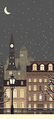 JPG 설경 야경 가로등 일러스트 밤하늘 사람없음 건물 나뭇가지 도시 초승달 시계탑 눈내림 국내일러스트 AI일러스트 AI콘텐츠 나무 건축물 공공시설 겨울 하늘 눈_날씨 풍경 탑 달 야간 파일형식 풍경_경치
