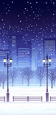 JPG 나무 설경 야경 가로등 일러스트 밤하늘 사람없음 건물 도시 쌓인눈 눈내림 국내일러스트 AI일러스트 AI콘텐츠 식물 건축물 공공시설 겨울 하늘 눈_날씨 풍경 야간 파일형식 풍경_경치